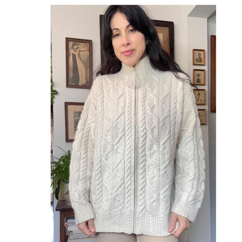 Lauren Ralph Lauren Wool Cable Knit Full Zip Cardigan Sweater Cream Ivory Large